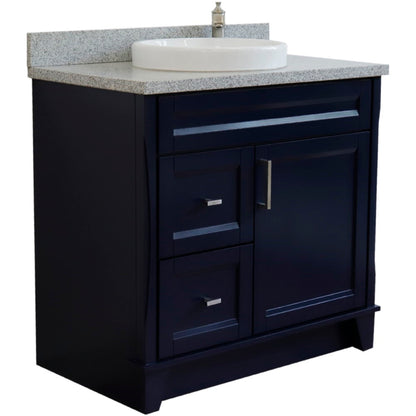 37" Single sink vanity in Blue finish with Gray granite and CENTER round sink RIGHT drawers