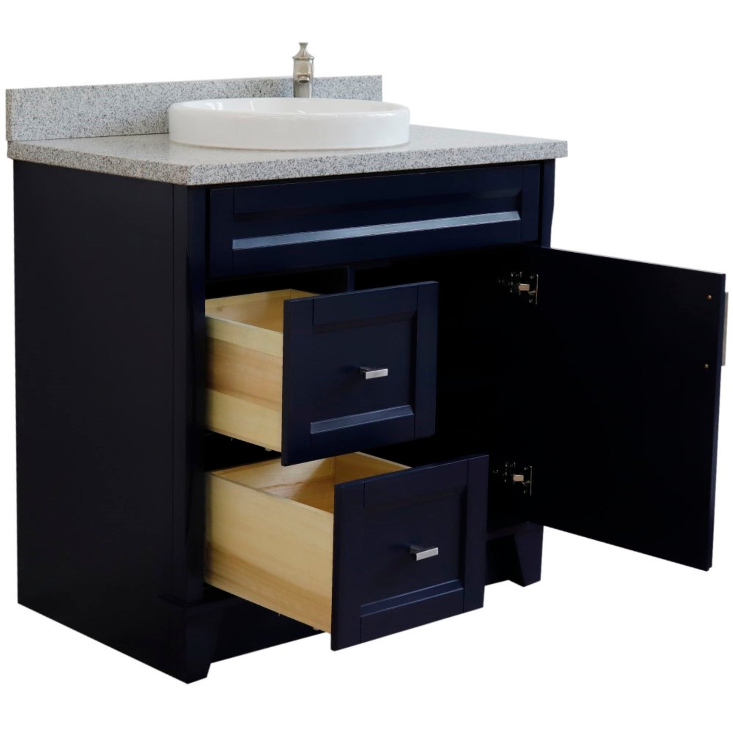 37" Single sink vanity in Blue finish with Gray granite and CENTER round sink RIGHT drawers