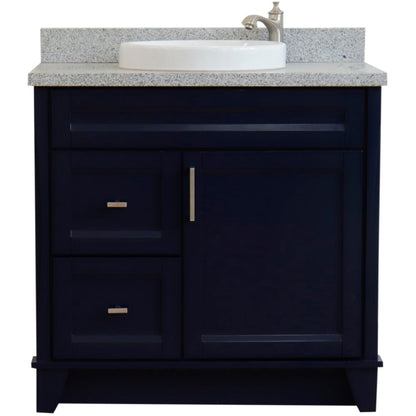 37" Single sink vanity in Blue finish with Gray granite and CENTER round sink RIGHT drawers