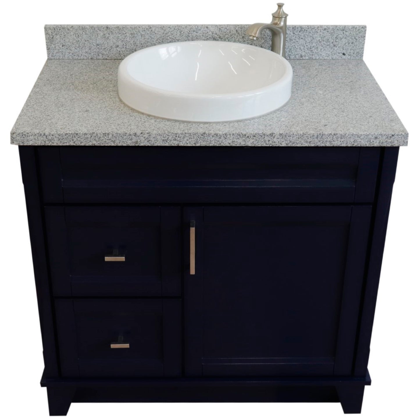 37" Single sink vanity in Blue finish with Gray granite and CENTER round sink RIGHT drawers