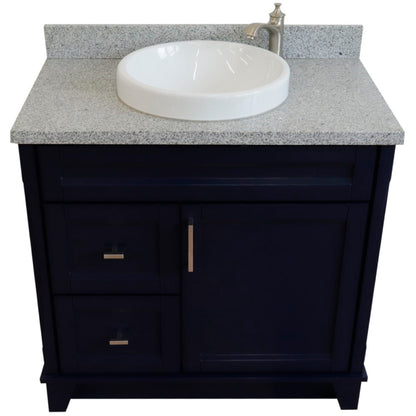 37" Single sink vanity in Blue finish with Gray granite and CENTER round sink RIGHT drawers