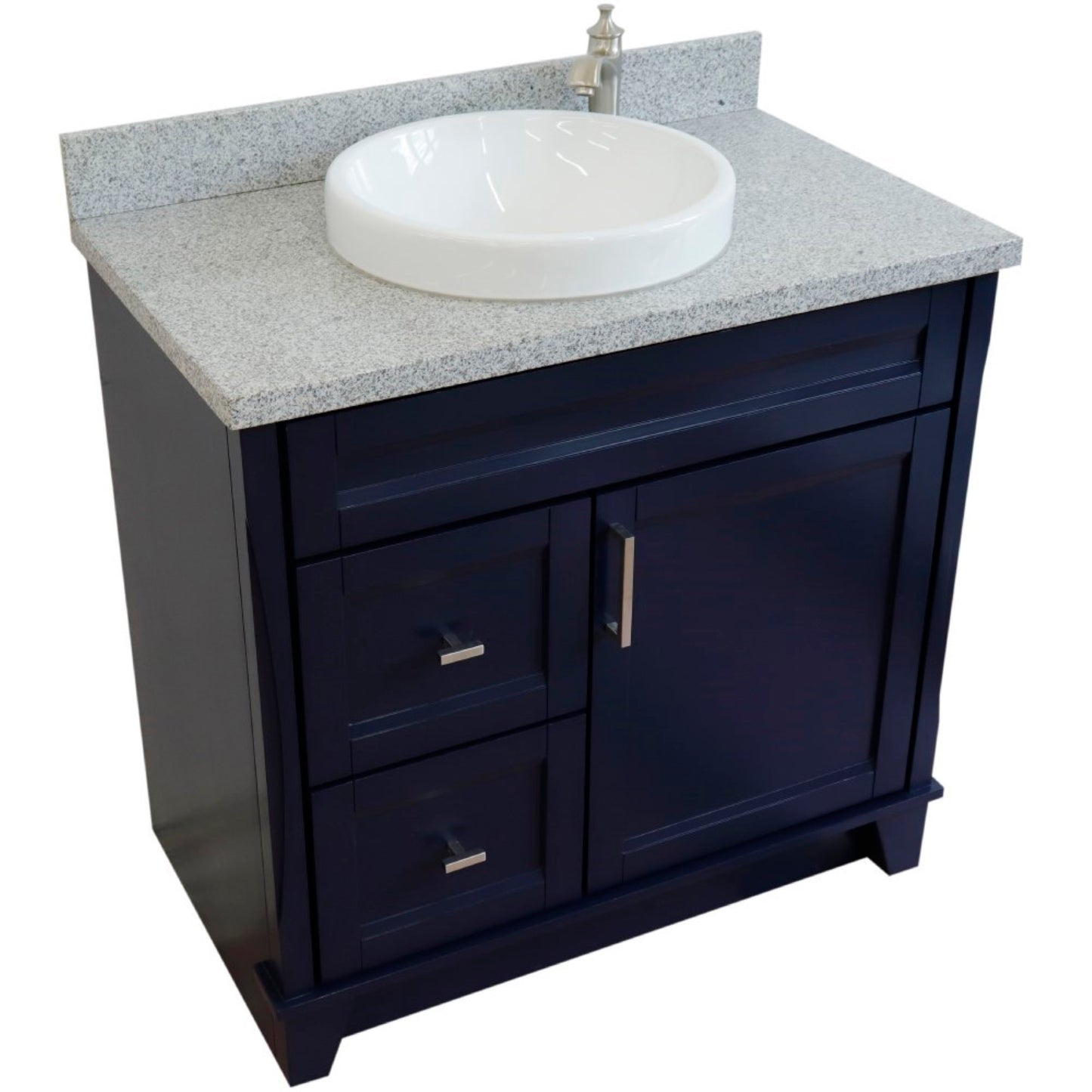 37" Single sink vanity in Blue finish with Gray granite and CENTER round sink RIGHT drawers