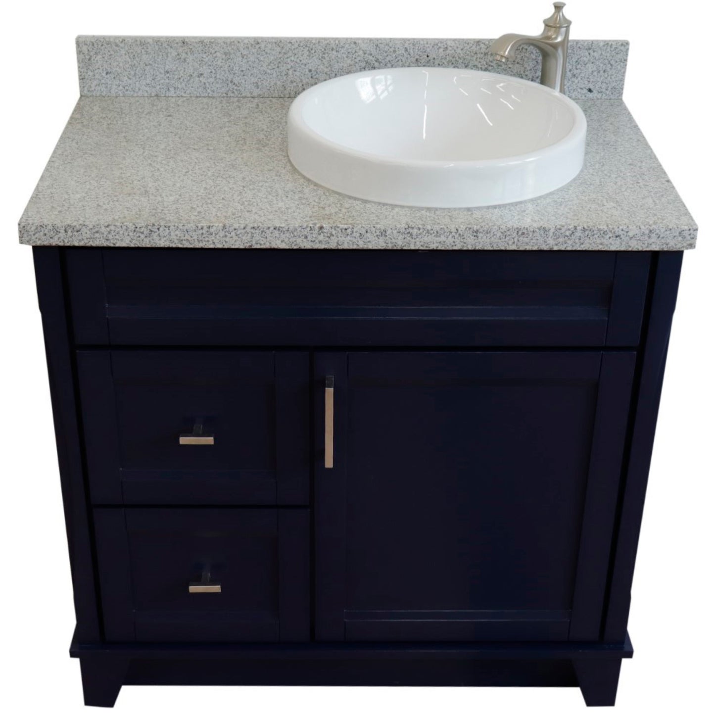 37" Single sink vanity in Blue finish with Gray granite and LEFT round sink RIGHT drawers
