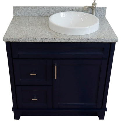 37" Single sink vanity in Blue finish with Gray granite and LEFT round sink RIGHT drawers