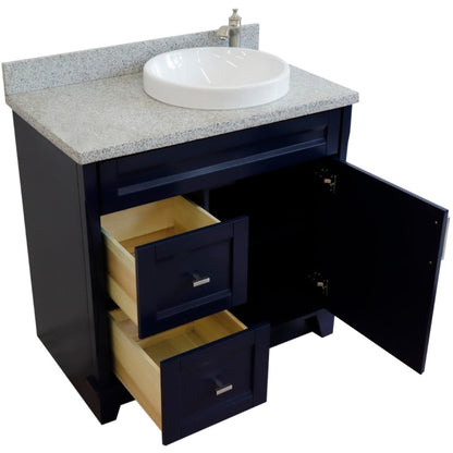 37" Single sink vanity in Blue finish with Gray granite and LEFT round sink RIGHT drawers