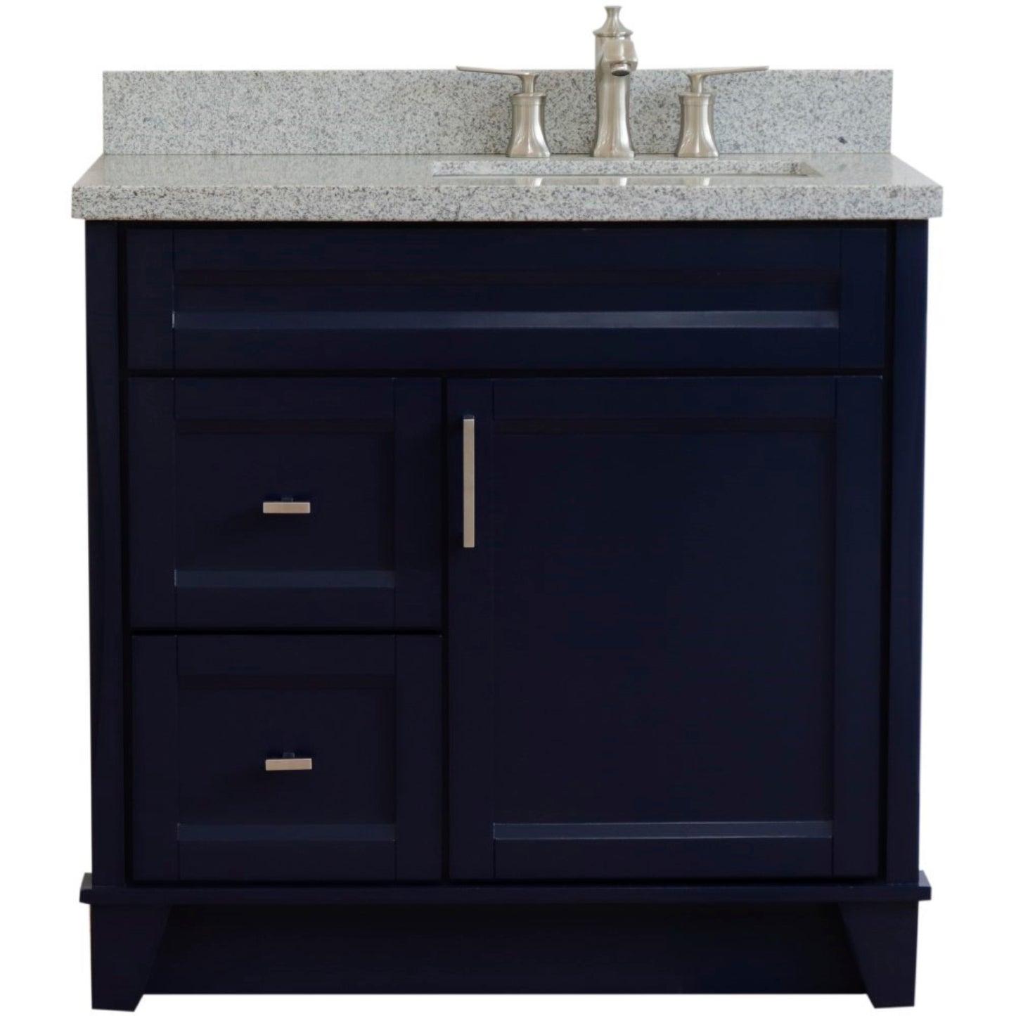 37" Single sink vanity in Blue finish with Gray granite and LEFT rectangle sink RIGHT drawers