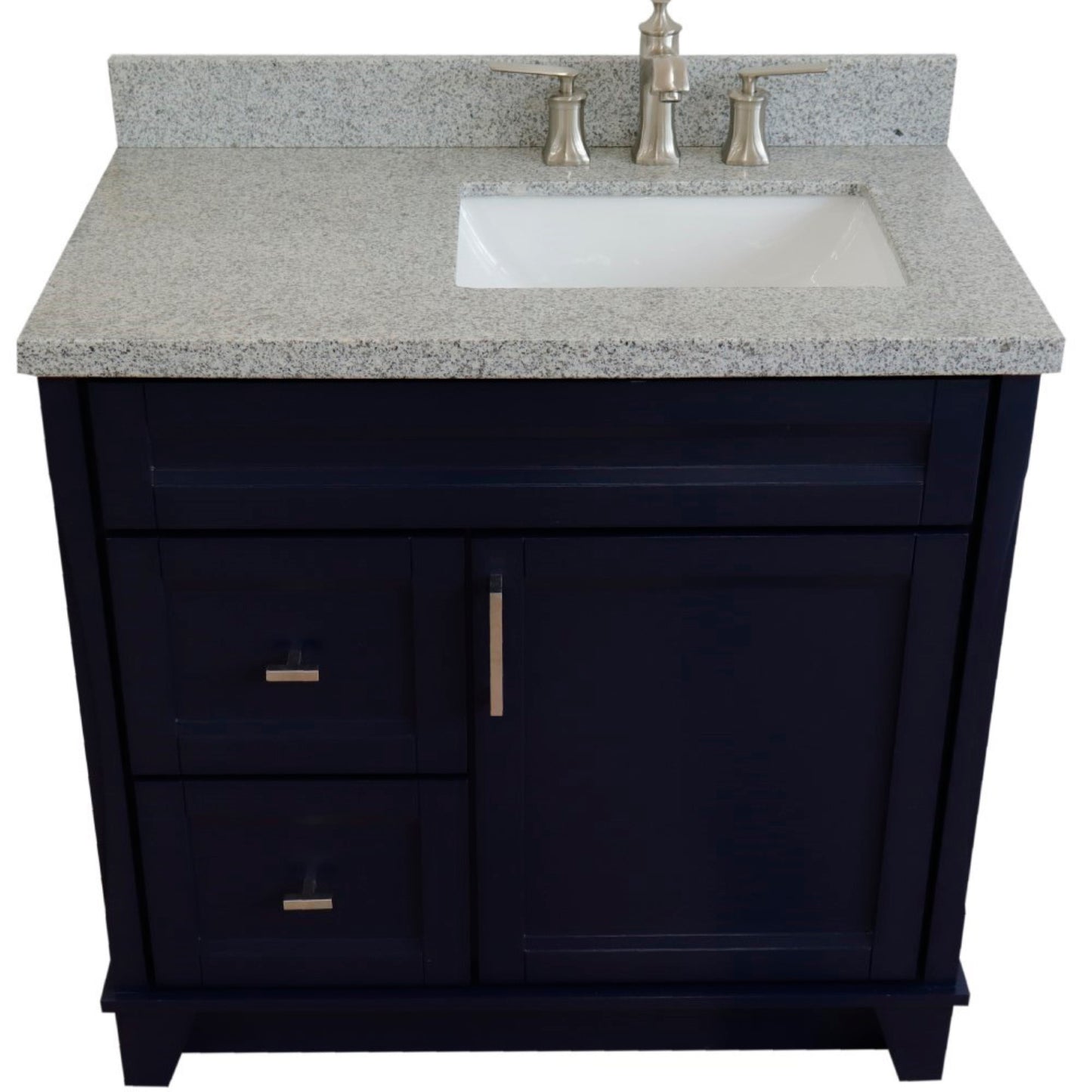 37" Single sink vanity in Blue finish with Gray granite and LEFT rectangle sink RIGHT drawers