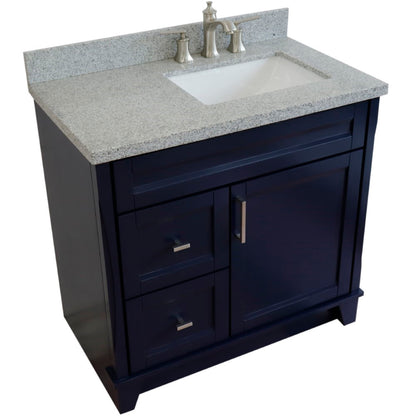 37" Single sink vanity in Blue finish with Gray granite and LEFT rectangle sink RIGHT drawers