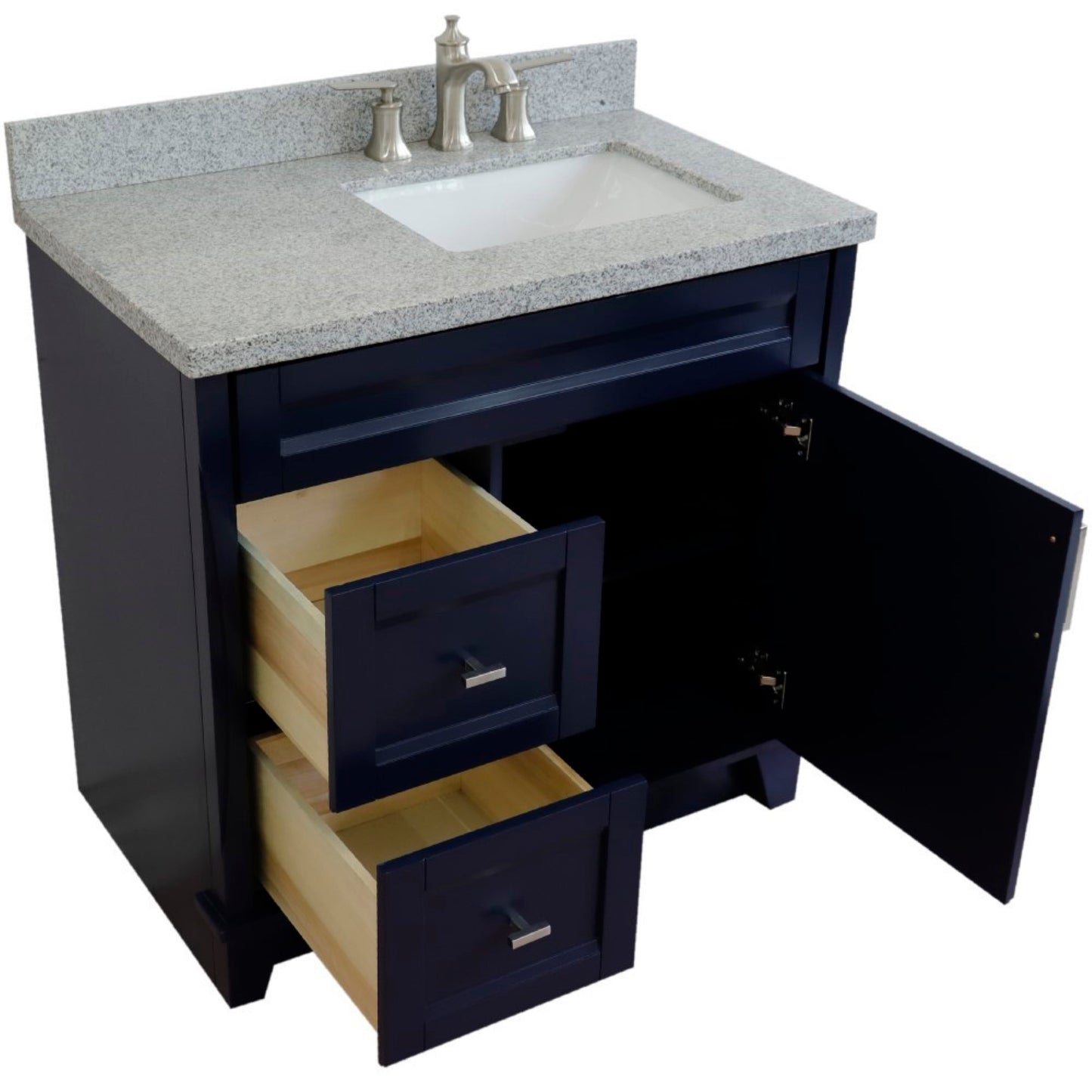 37" Single sink vanity in Blue finish with Gray granite and LEFT rectangle sink RIGHT drawers