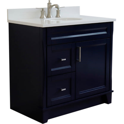 37" Single sink vanity in Blue finish with White engineered stone and CENTER oval sink RIGHT drawers