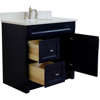 37" Single sink vanity in Blue finish with White engineered stone and CENTER oval sink RIGHT drawers