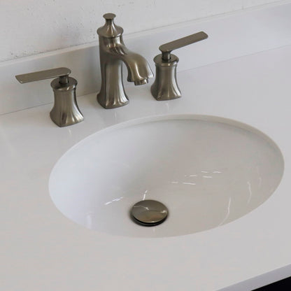 37" Single sink vanity in Blue finish with White engineered stone and CENTER oval sink RIGHT drawers
