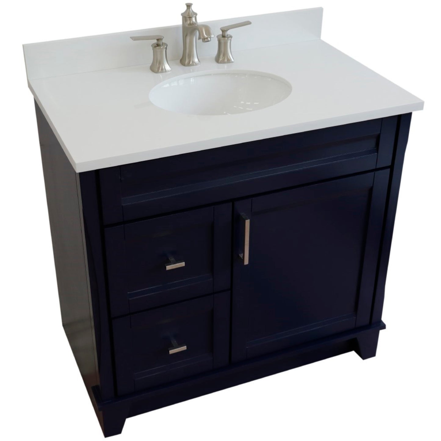 37" Single sink vanity in Blue finish with White engineered stone and CENTER oval sink RIGHT drawers