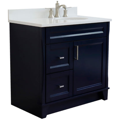 37" Single sink vanity in Blue finish with White engineered stone and LEFT oval sink RIGHT drawers