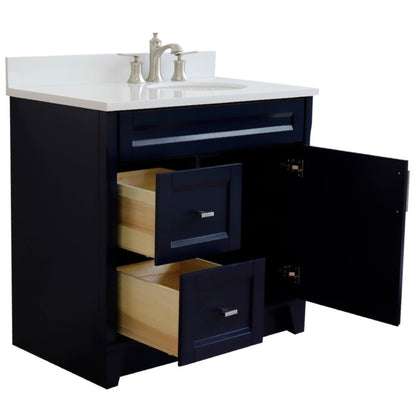 37" Single sink vanity in Blue finish with White engineered stone and LEFT oval sink RIGHT drawers