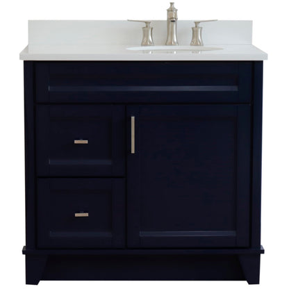 37" Single sink vanity in Blue finish with White engineered stone and LEFT oval sink RIGHT drawers
