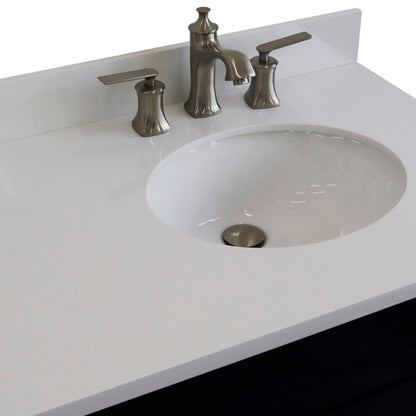 37" Single sink vanity in Blue finish with White engineered stone and LEFT oval sink RIGHT drawers