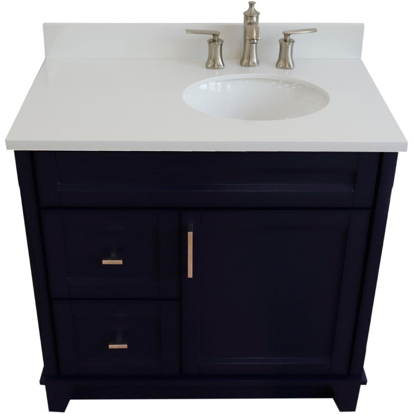 37" Single sink vanity in Blue finish with White engineered stone and LEFT oval sink RIGHT drawers