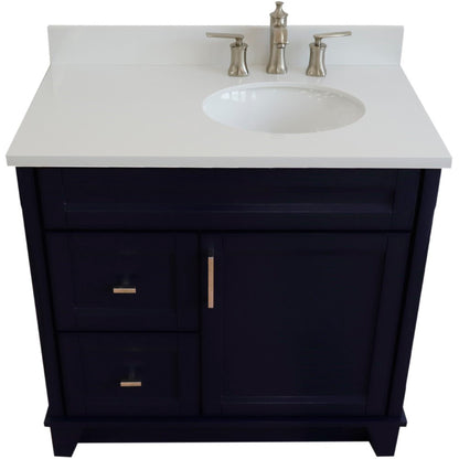 37" Single sink vanity in Blue finish with White engineered stone and LEFT oval sink RIGHT drawers