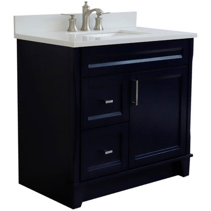 37" Single sink vanity in Blue finish with White engineered stone and CENTER rectangle sink RIGHT drawers