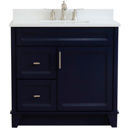 37" Single sink vanity in Blue finish with White engineered stone and CENTER rectangle sink RIGHT drawers
