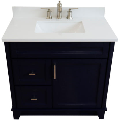 37" Single sink vanity in Blue finish with White engineered stone and CENTER rectangle sink RIGHT drawers