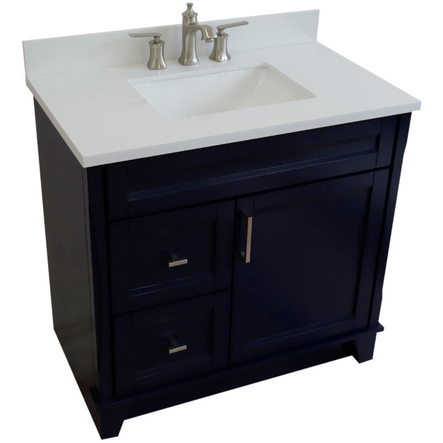 37" Single sink vanity in Blue finish with White engineered stone and CENTER rectangle sink RIGHT drawers