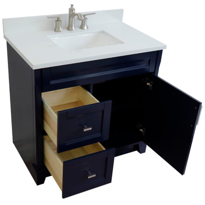 37" Single sink vanity in Blue finish with White engineered stone and CENTER rectangle sink RIGHT drawers