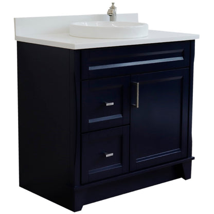 37" Single sink vanity in Blue finish with White engineered stone and CENTER round sink RIGHT drawers