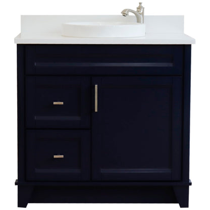 37" Single sink vanity in Blue finish with White engineered stone and CENTER round sink RIGHT drawers