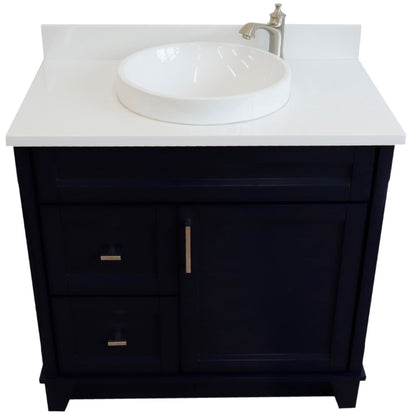 37" Single sink vanity in Blue finish with White engineered stone and CENTER round sink RIGHT drawers