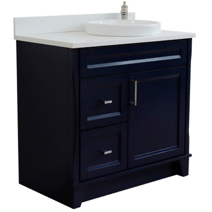 37" Single sink vanity in Blue finish with White engineered stone and LEFT round sink RIGHT drawers