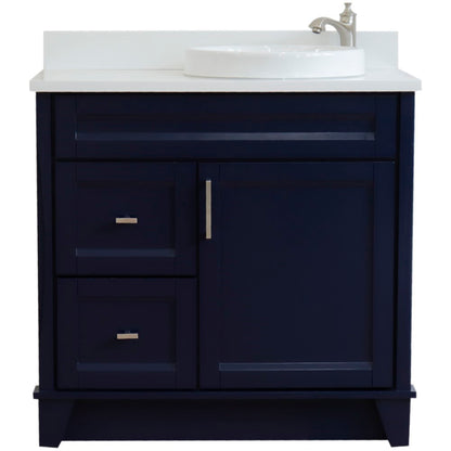 37" Single sink vanity in Blue finish with White engineered stone and LEFT round sink RIGHT drawers