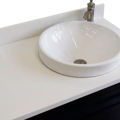 37" Single sink vanity in Blue finish with White engineered stone and LEFT round sink RIGHT drawers