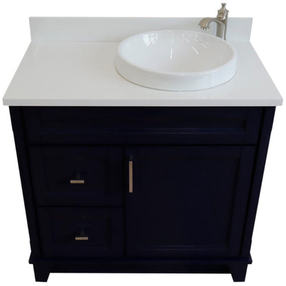 37" Single sink vanity in Blue finish with White engineered stone and LEFT round sink RIGHT drawers