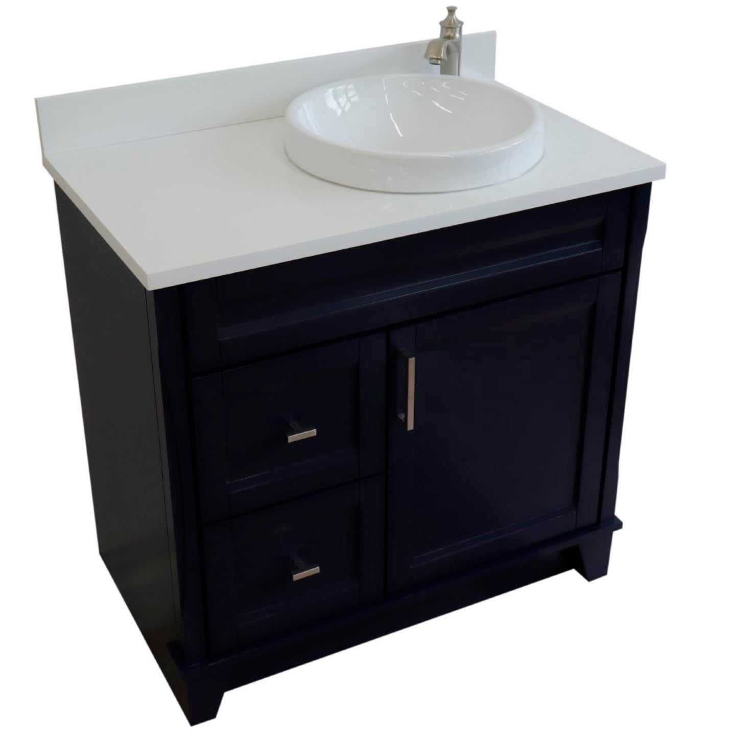 37" Single sink vanity in Blue finish with White engineered stone and LEFT round sink RIGHT drawers