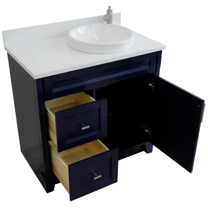 37" Single sink vanity in Blue finish with White engineered stone and LEFT round sink RIGHT drawers