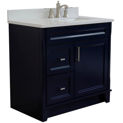 37" Single sink vanity in Blue finish with White engineered stone and LEFT rectangle sink RIGHT drawers