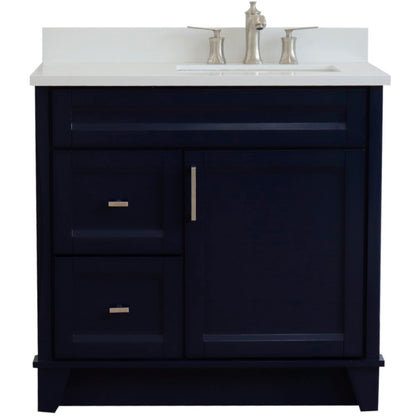 37" Single sink vanity in Blue finish with White engineered stone and LEFT rectangle sink RIGHT drawers