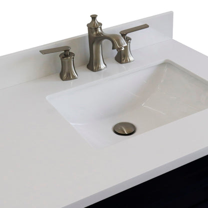 37" Single sink vanity in Blue finish with White engineered stone and LEFT rectangle sink RIGHT drawers