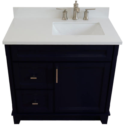 37" Single sink vanity in Blue finish with White engineered stone and LEFT rectangle sink RIGHT drawers