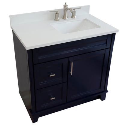 37" Single sink vanity in Blue finish with White engineered stone and LEFT rectangle sink RIGHT drawers