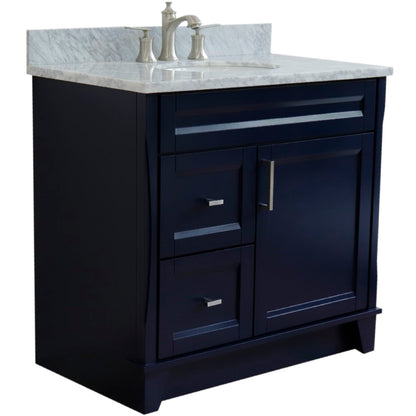 37" Single sink vanity in Blue finish with White Carrara marble and CENTER oval sink RIGHT drawers