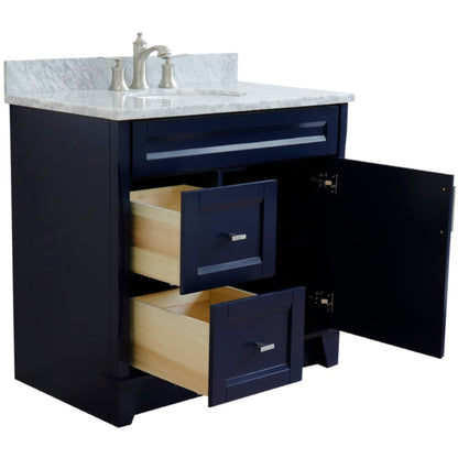 37" Single sink vanity in Blue finish with White Carrara marble and CENTER oval sink RIGHT drawers