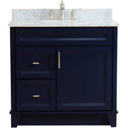 37" Single sink vanity in Blue finish with White Carrara marble and CENTER oval sink RIGHT drawers