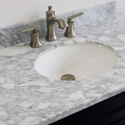37" Single sink vanity in Blue finish with White Carrara marble and CENTER oval sink RIGHT drawers
