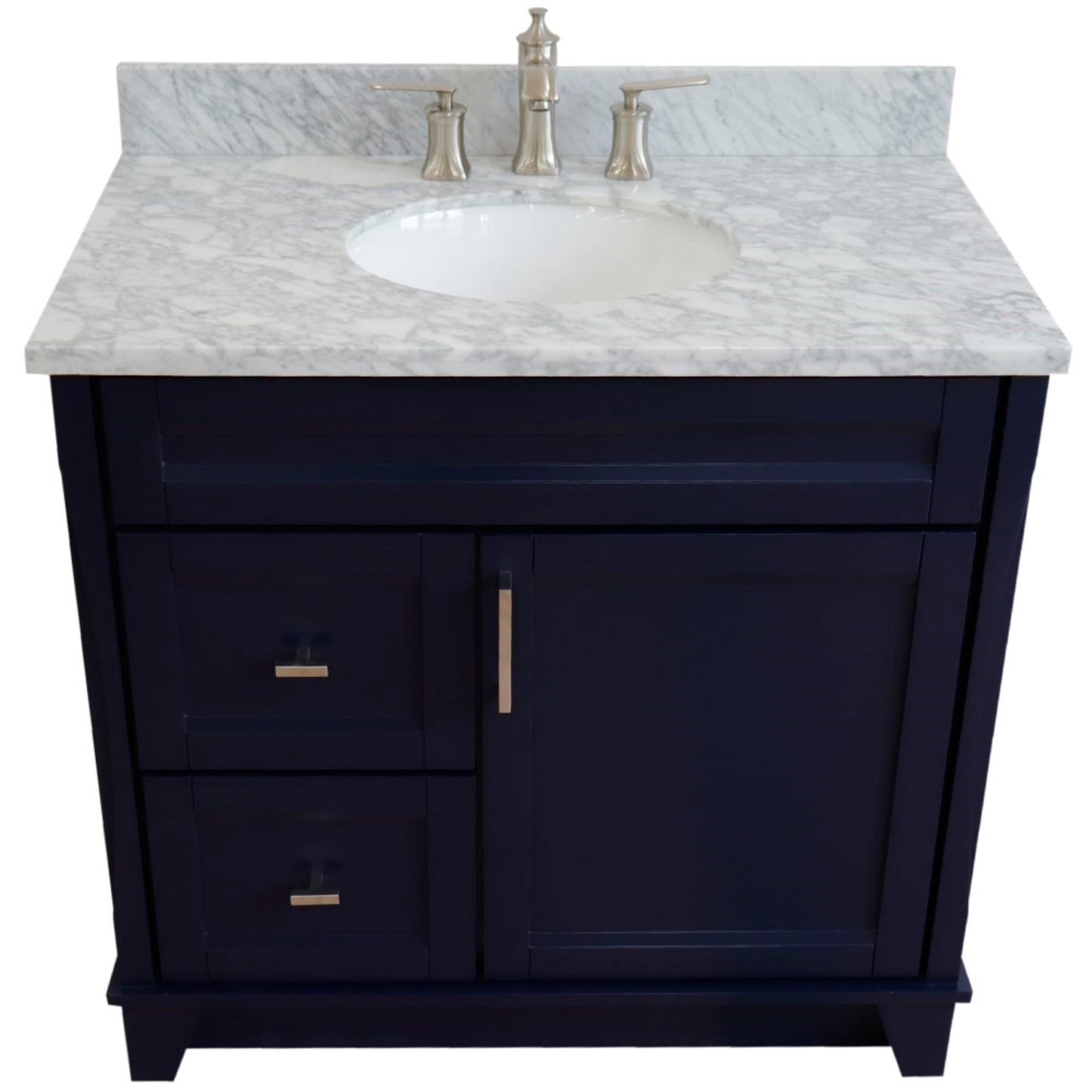 37" Single sink vanity in Blue finish with White Carrara marble and CENTER oval sink RIGHT drawers