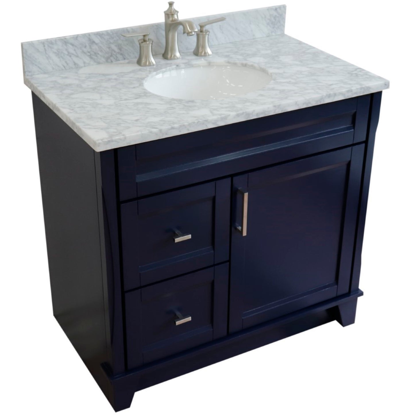 37" Single sink vanity in Blue finish with White Carrara marble and CENTER oval sink RIGHT drawers