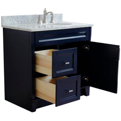 37" Single sink vanity in Blue finish with White Carrara marble and LEFT oval sink RIGHT drawers