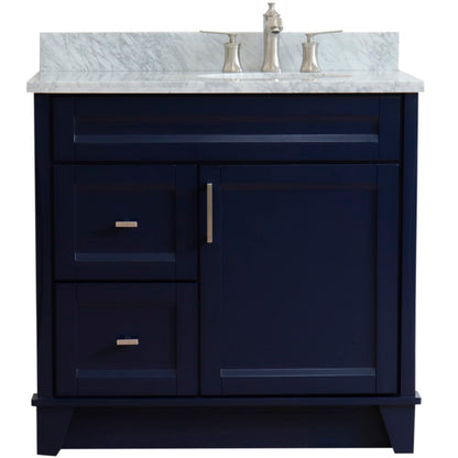 37" Single sink vanity in Blue finish with White Carrara marble and LEFT oval sink RIGHT drawers